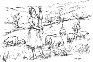Maria spinning as she guards the sheep with Flavio